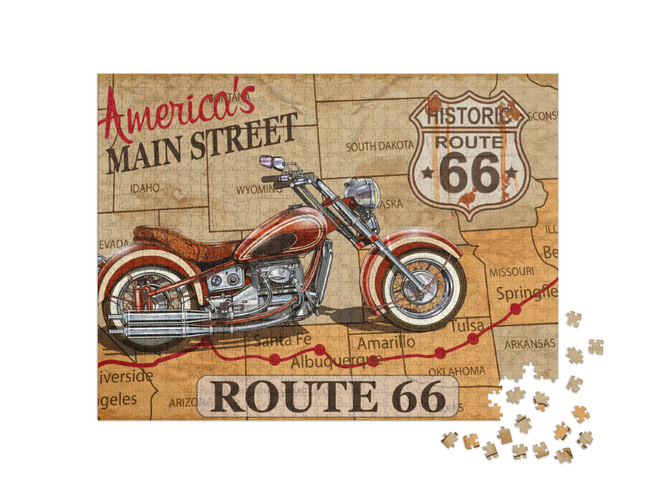 Puzzle 1000 pezzi „Poster di moto d'epoca: Route 66“