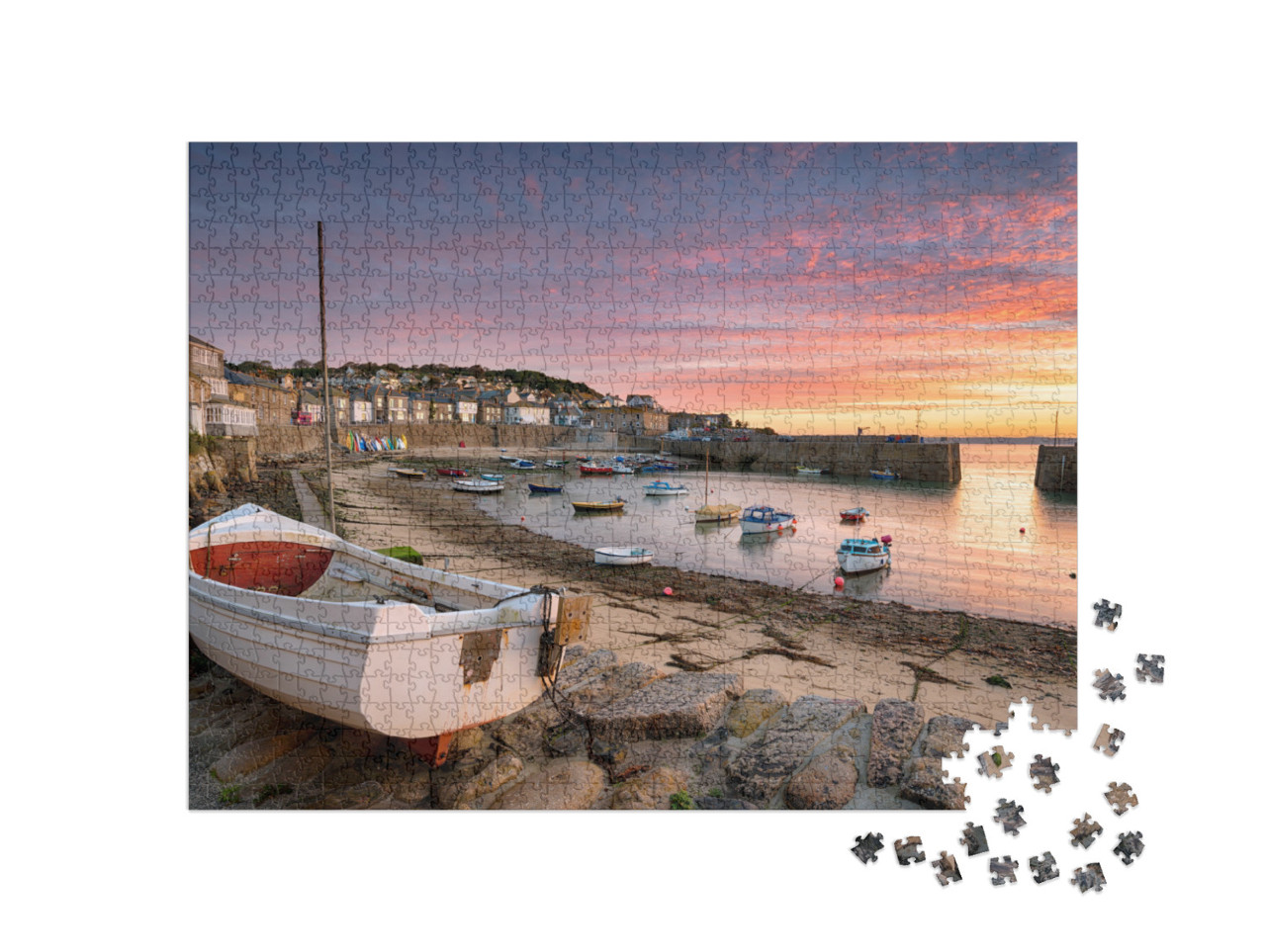 Puzzle 1000 pezzi „Alba mozzafiato sui pescherecci, Cornovaglia, Inghilterra“