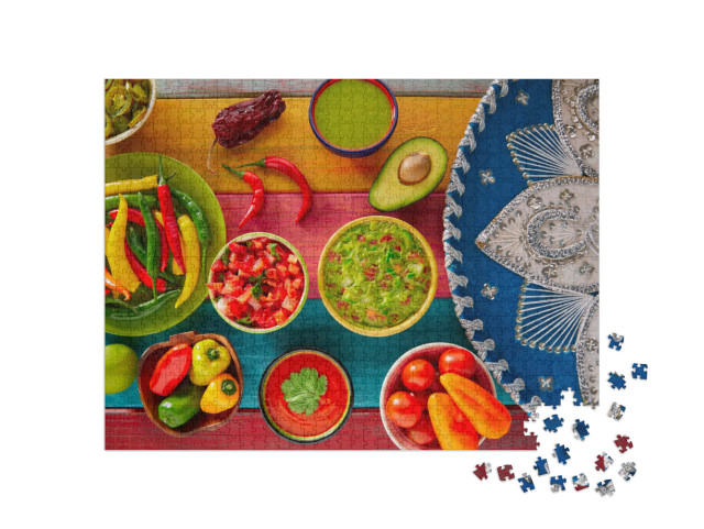 Puzzle 1000 pezzi „Ricette messicane: Nachos al guacamole, salsa al peperoncino e pico de gallo“