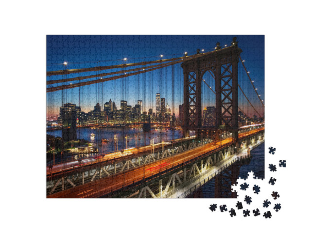 Puzzle 1000 pezzi „Tramonto su Manhattan con ponte di Brooklyn, USA“