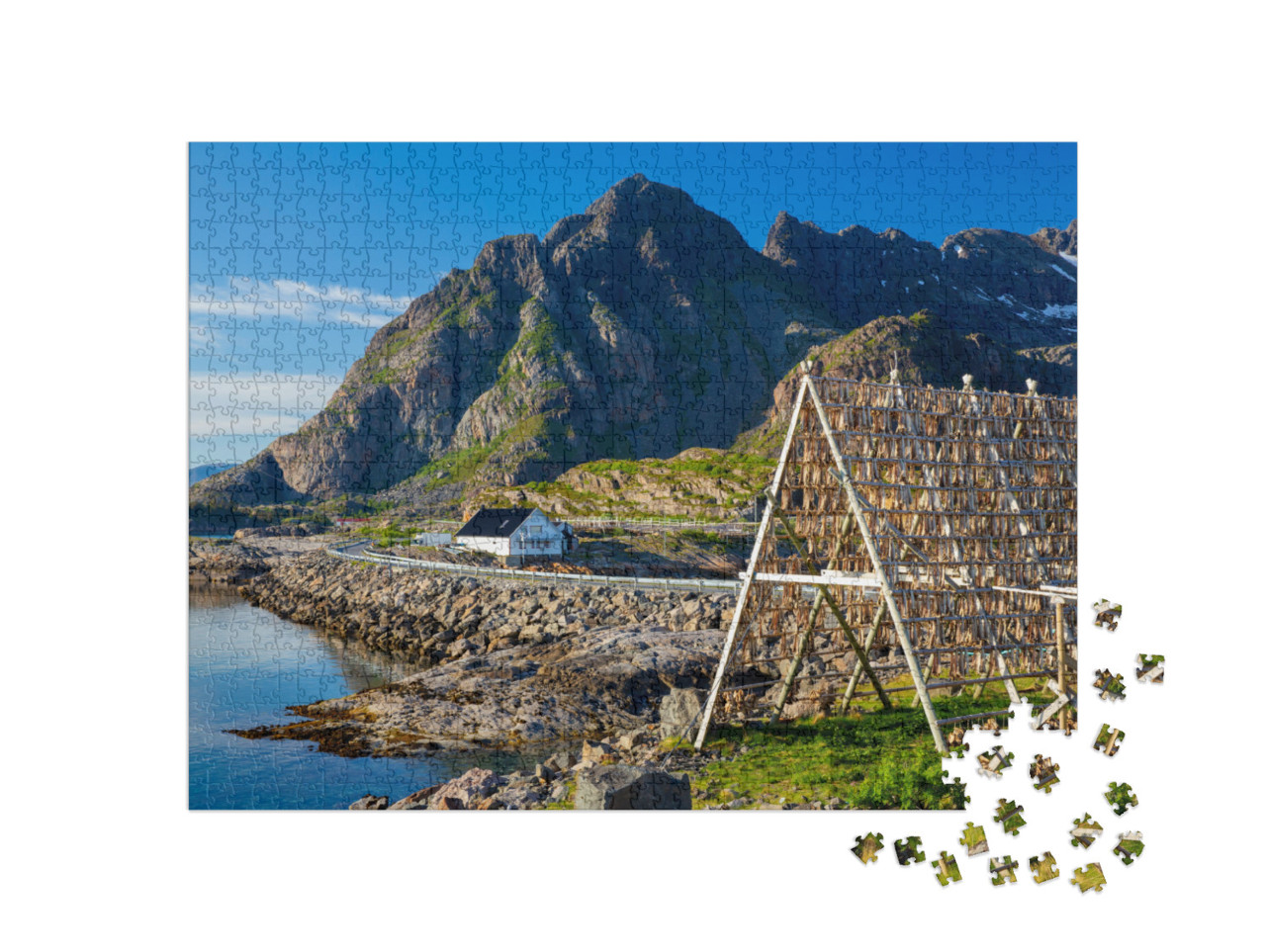 Puzzle 1000 pezzi „Merluzzo da essiccare: Henningsvaer, Lofoten, Norvegia“