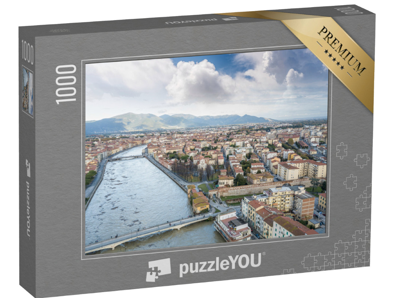 Puzzle 1000 pezzi „Veduta aerea del fiume Arno durante la piena, Pisa, Italia.“