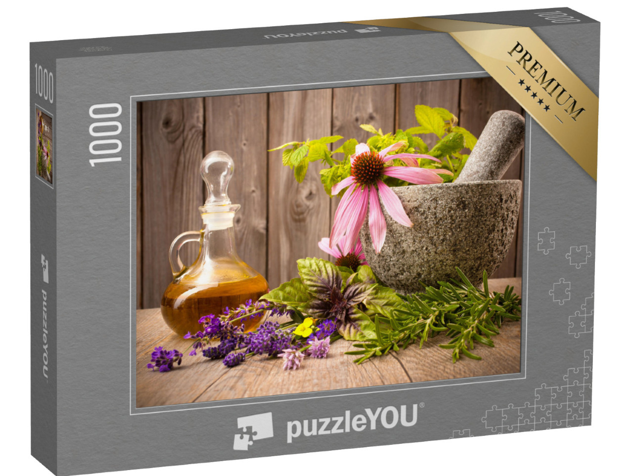 Puzzle 1000 pezzi „Erbe medicinali con mortaio e olio essenziale“