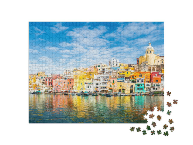Puzzle 1000 pezzi „Paesaggio con case colorate sull'isola di Procida, Italia“