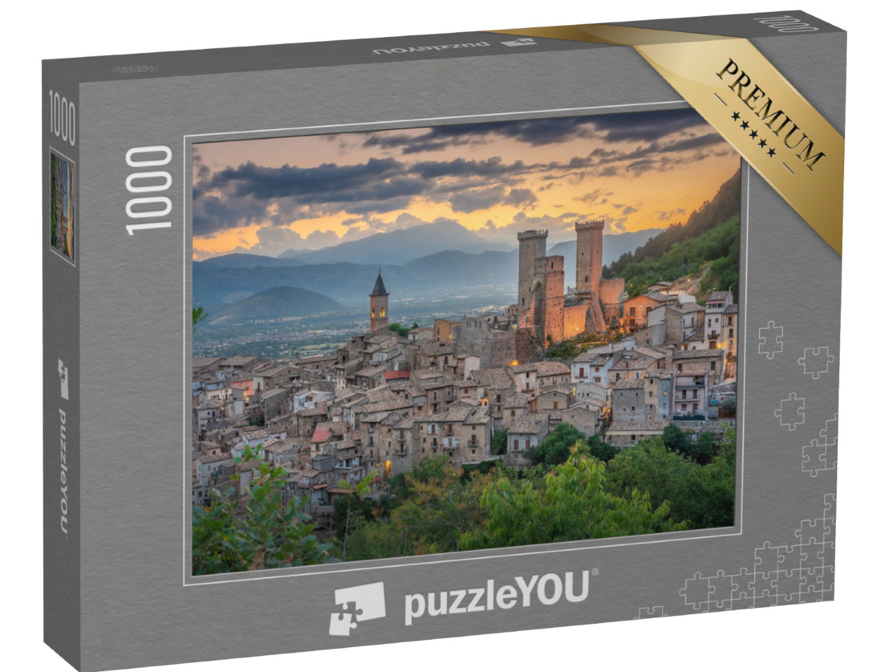 Puzzle 1000 pezzi „Il pittoresco borgo di Pacentro con le sue due grandi torri medievali, Abruzzo“