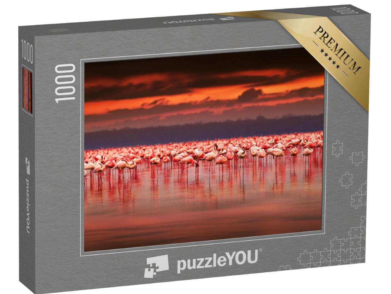 Puzzle 1000 pezzi „Spettacolare tramonto su un gruppo di fenicotteri, Kenya“