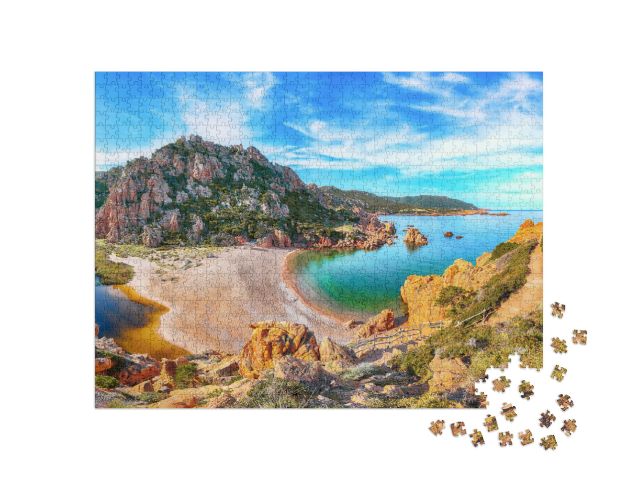 Puzzle 1000 pezzi „Spiaggia di Li Cossi, pittoresco paesaggio marino mediterraneo, Costa Paradiso, Sardegna, Italia“