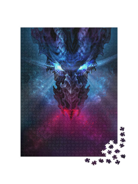 Puzzle 1000 pezzi „Fantasia: drago di fuoco con occhi blu incandescenti“