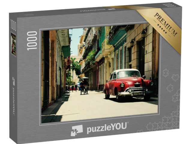 Puzzle 1000 pezzi „Auto d'epoca rossa nelle strade dell'Avana, Cuba“