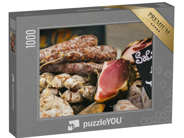 Puzzle 1000 pezzi „banco alimentare, vendita di salumi italiani. Prosciutto crudo italiano in primo piano“