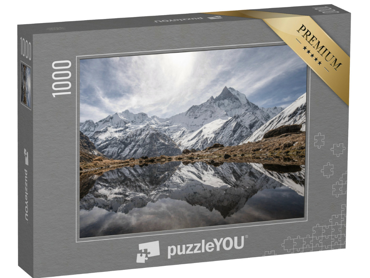Puzzle 1000 pezzi „Riflesso perfetto in un limpido lago di montagna - Percorso di trekking dell'Annapurna, Himalaya“