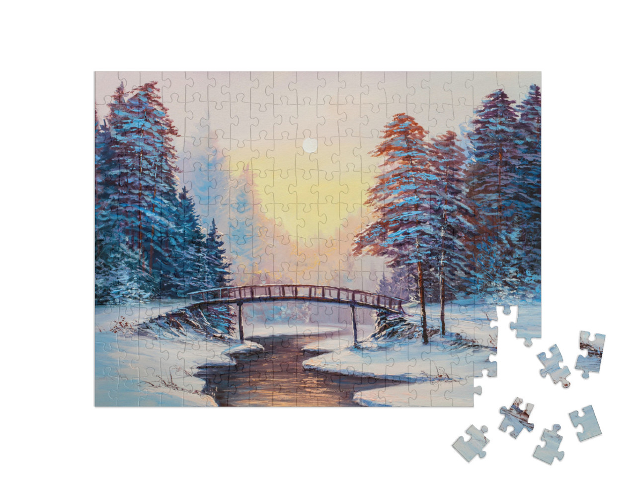 Puzzle 200 pezzi „Paesaggio invernale con fiume, pittura ad olio originale“