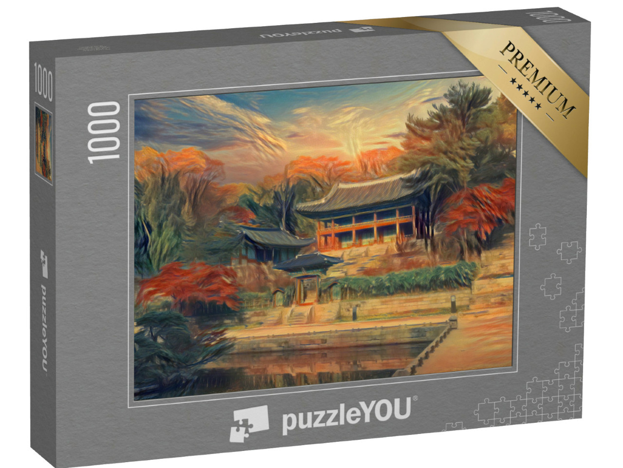 Puzzle 1000 pezzi „nello stile di Edvard Munch, L'urlo - Autunno al Palazzo Changdeokgung di Seul, Corea del Sud.“