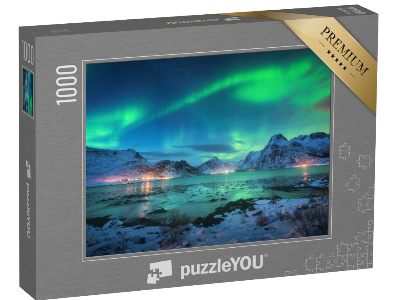 Puzzle 1000 pezzi „L'aurora boreale sulla costa del mare con le montagne innevate, Lofoten“