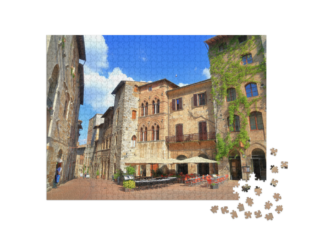 Puzzle 1000 pezzi „Edifici medievali in Piazza della Cisterna, San Gimignano, regione Toscana, Italia“
