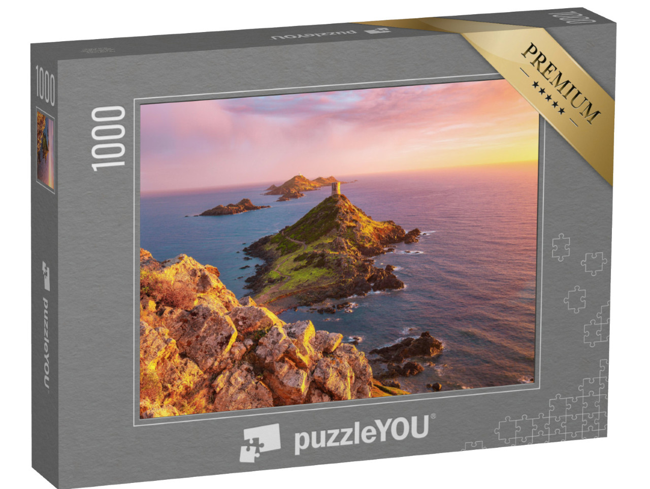 Puzzle 1000 pezzi „Tramonto alla Torra di a Parata con la Torre dei Genovesi, Corsica“