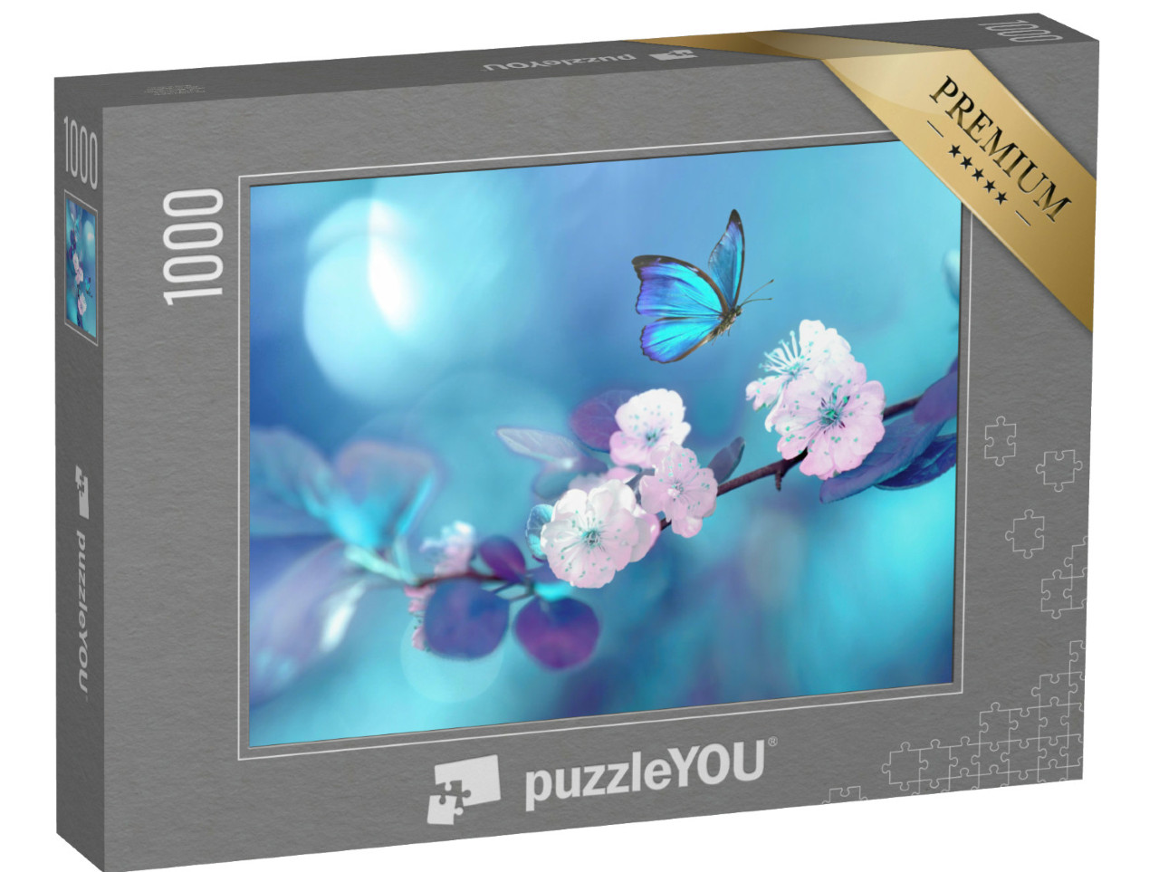 Puzzle 1000 pezzi „Farfalla blu in volo su un ramo di albicocco in fiore“