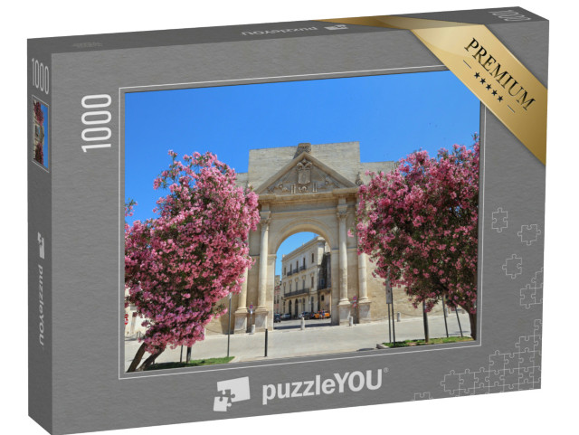 Puzzle 1000 pezzi „Lecce, Italia - città della penisola salentina. Arco di trionfo di Porta Napoli con fiori di oleandro.“