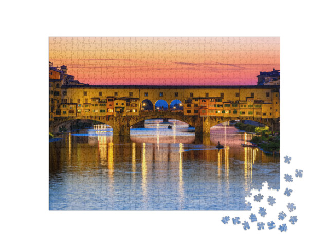 Puzzle 1000 pezzi „Vista al tramonto del Ponte Vecchio sul fiume Arno a Firenze, Italia“