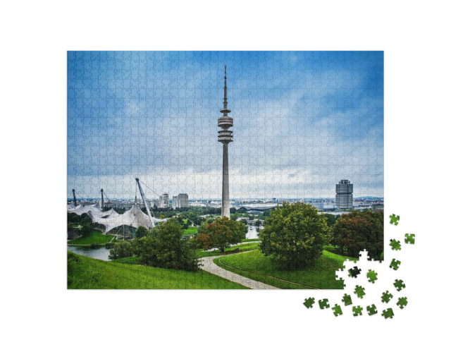 Puzzle 1000 pezzi „Parco Olimpico con torre e stadio, Monaco di Baviera“