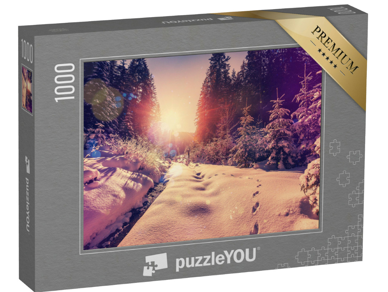 Puzzle 1000 pezzi „Fantastico paesaggio forestale invernale al tramonto“