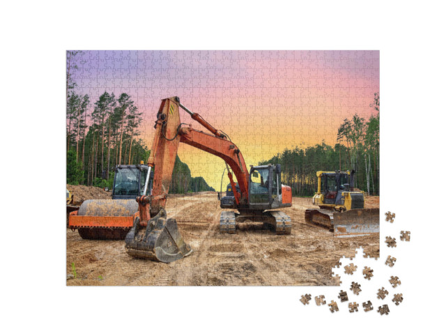 Puzzle 1000 pezzi „Bulldozer, escavatori e compattatori di terreno per lavori di costruzione stradale“