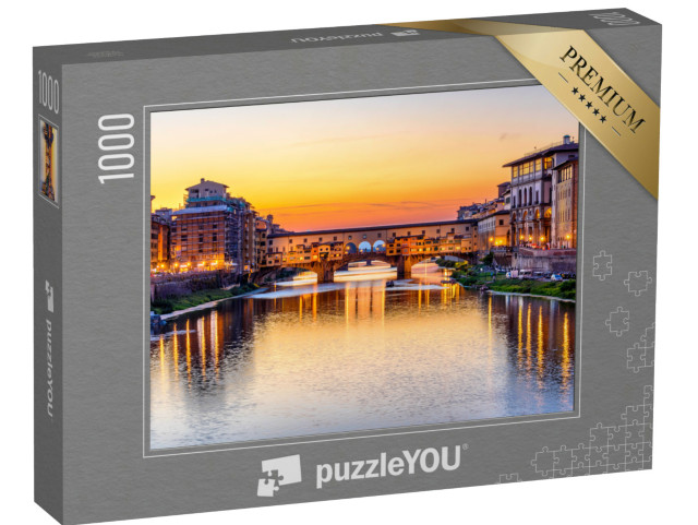 Puzzle 1000 pezzi „Veduta al tramonto di Ponte Vecchio sul fiume Arno a Firenze, Italia“