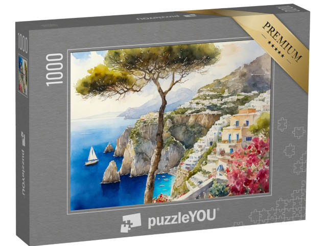 Puzzle 1000 pezzi „Acquerello: La pittoresca veduta di Capri, con mare azzurro, barca, isola, scogliera e città“