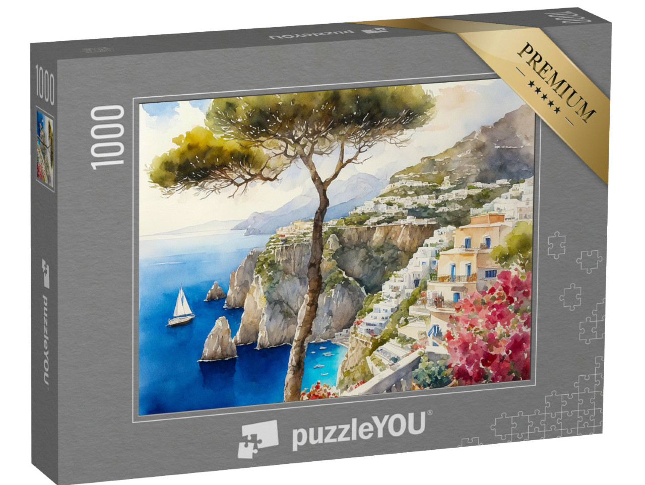 Puzzle 1000 pezzi „Acquerello: La pittoresca veduta di Capri, con mare azzurro, barca, isola, scogliera e città“
