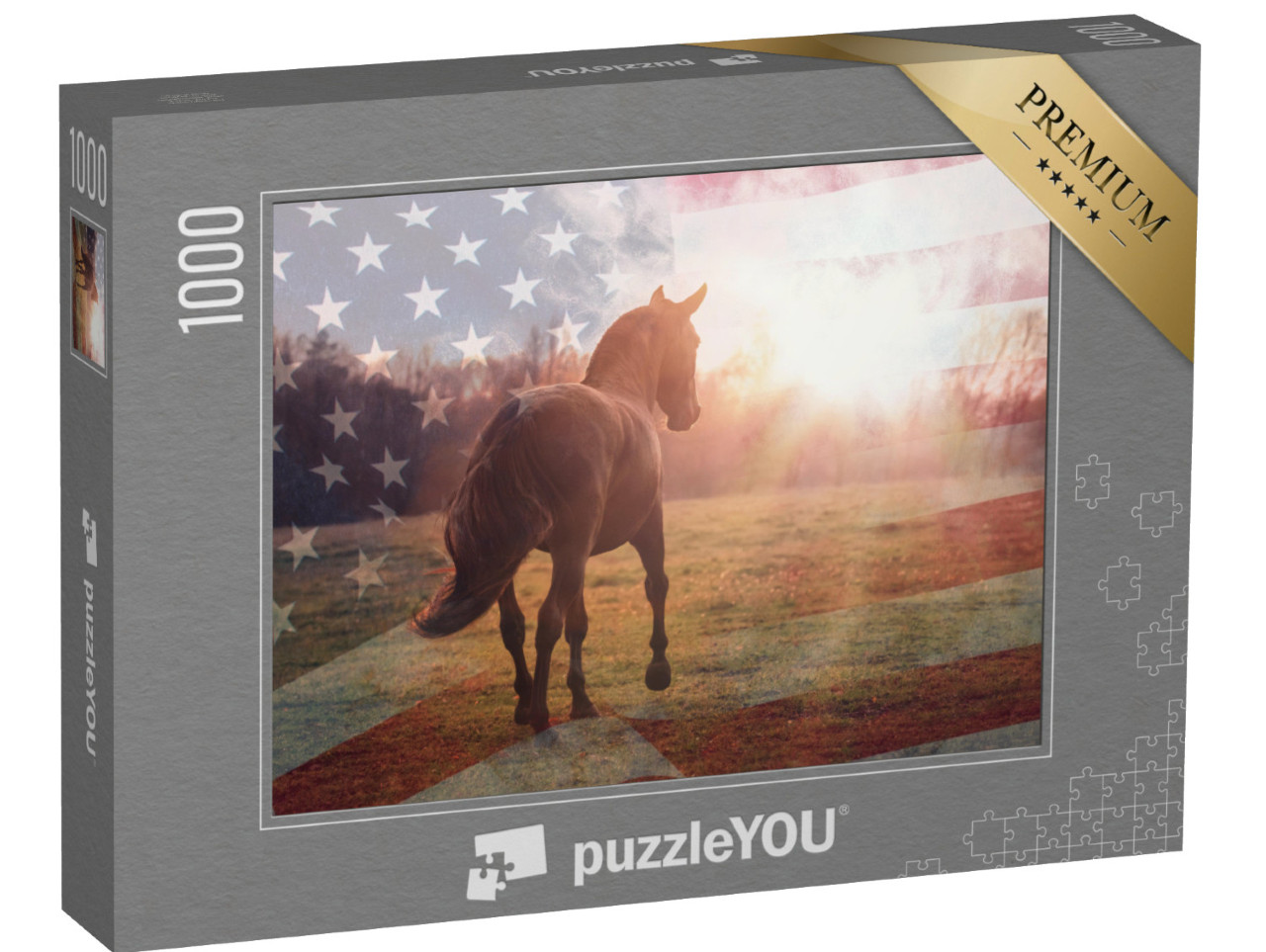 Puzzle 1000 pezzi „Ritratto di un quarter horse americano con la bandiera degli Stati Uniti d'America“