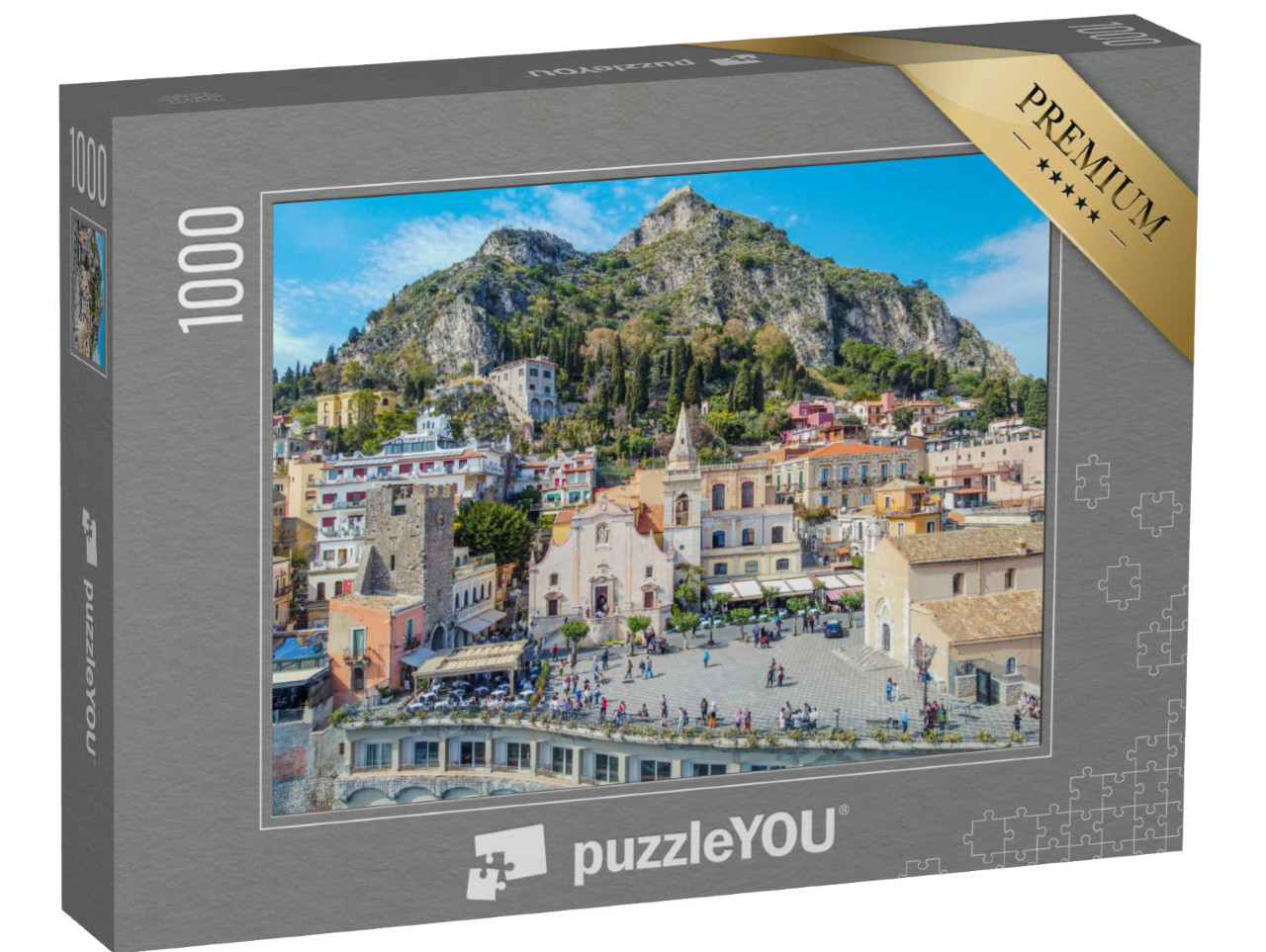 Puzzle 1000 pezzi „Viste aeree, Belvedere di Taormina e Chiesa di San Giuseppe in Piazza IX Aprile“
