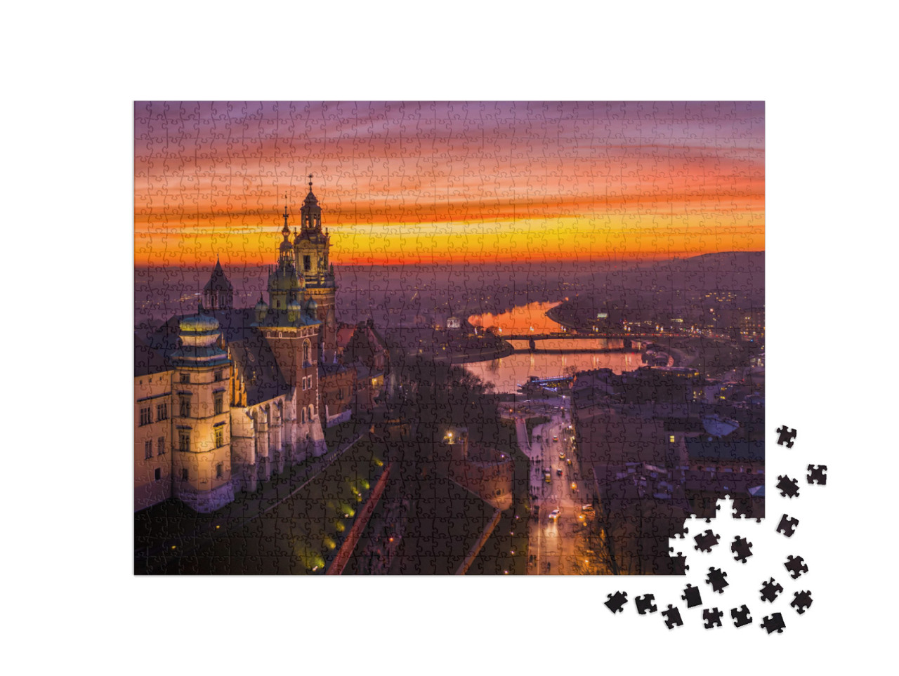 Puzzle 1000 pezzi „Tramonto sul castello di Wawel, Cracovia, Polonia“