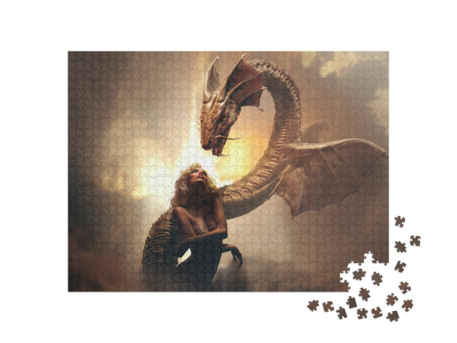 Puzzle 1000 pezzi „Ragazza bionda e drago in un mondo fantastico“