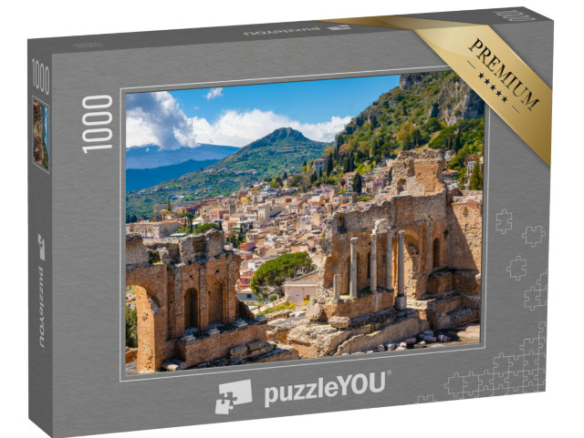Puzzle 1000 pezzi „Taormina in Sicilia, Italia. Rovine dell'antico teatro greco, l'Etna coperto dalle nuvole“