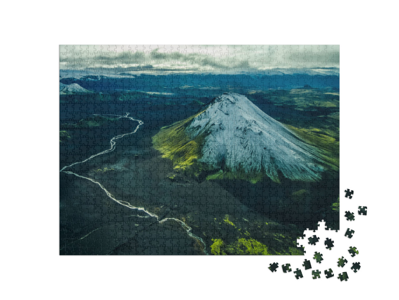 Puzzle 1000 pezzi „Veduta aerea di un fiume vicino a un vulcano innevato in Islanda“