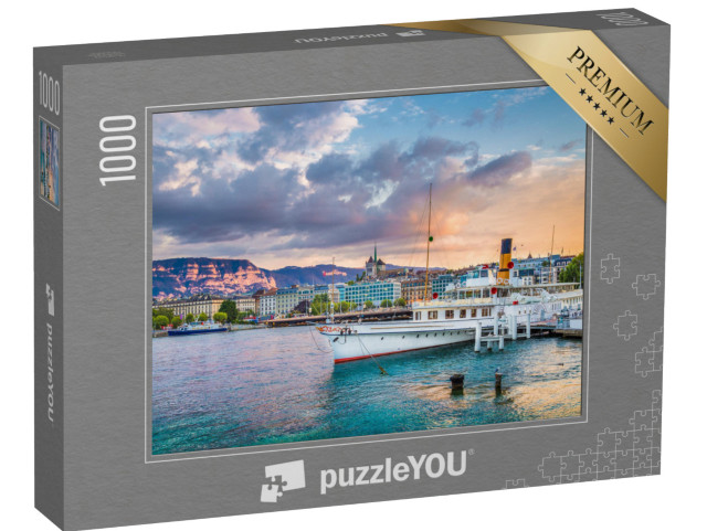 Puzzle 1000 pezzi „Vista panoramica del centro di Ginevra e del lago di Ginevra, Svizzera“