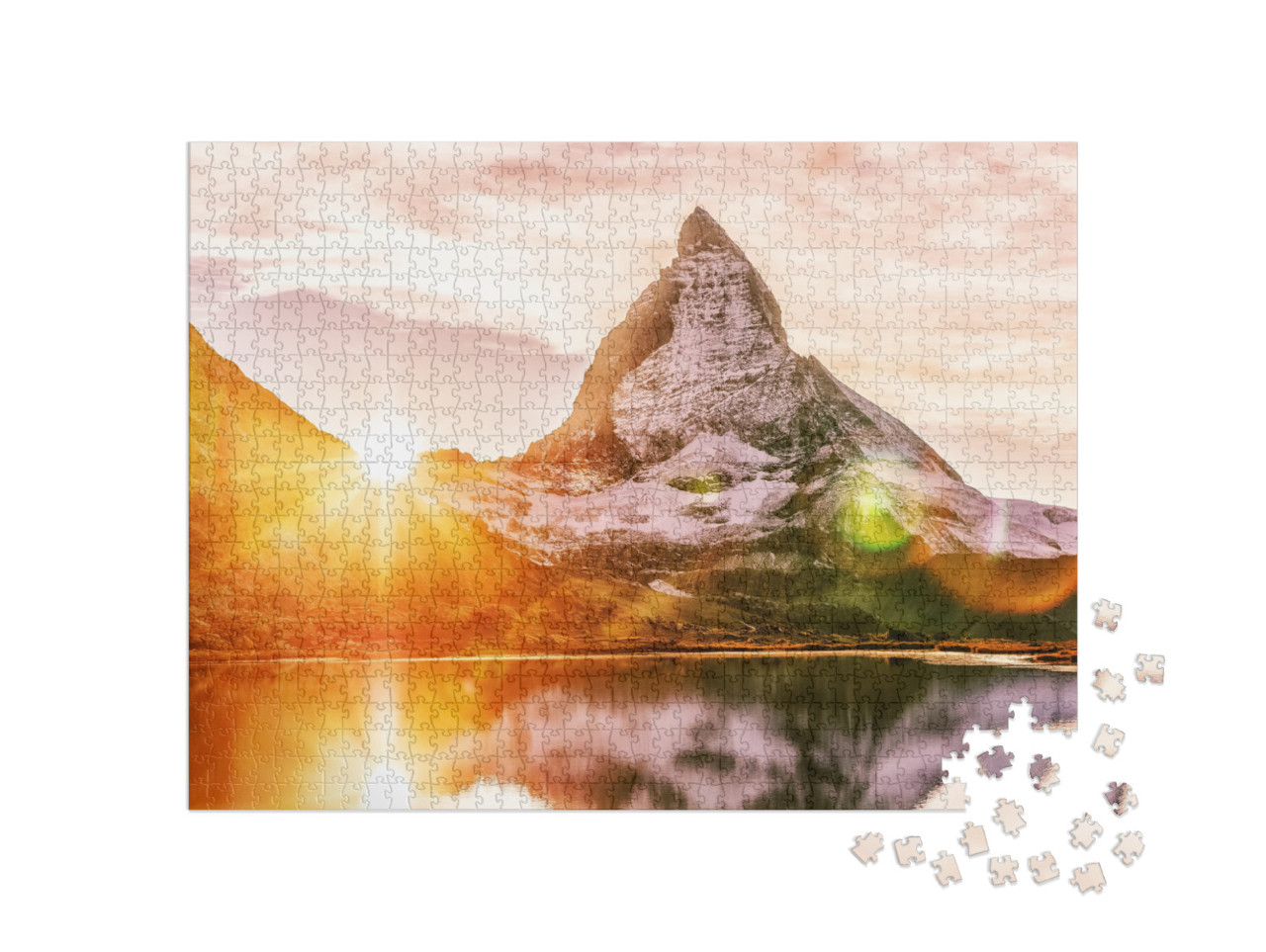 Puzzle 1000 pezzi „Il tramonto sul Cervino sul Riffelsee, Svizzera“