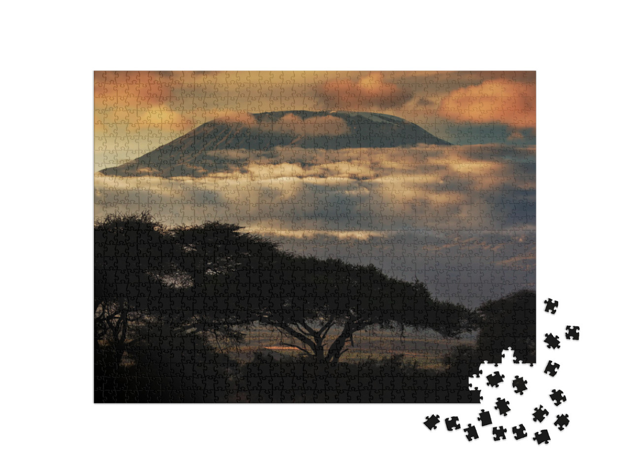 Puzzle 1000 pezzi „Kilimanjaro al tramonto, paesaggio della savana ad Amboseli, Kenya“