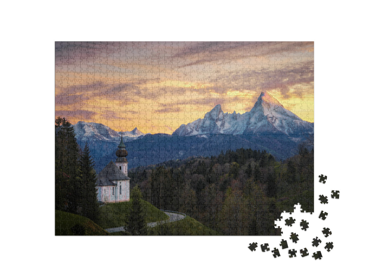 Puzzle 1000 pezzi „Cappella Maria Gern sopra Berchtesgaden con il monte Watzmann“