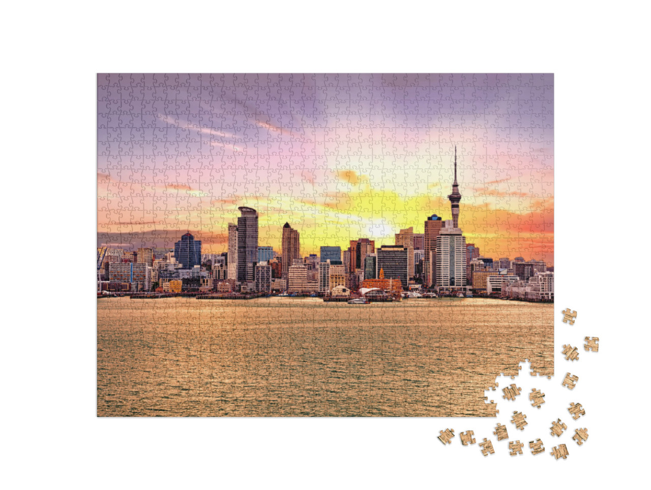 Puzzle 1000 pezzi „Skyline nel tramonto dorato, Auckland, Nuova Zelanda“