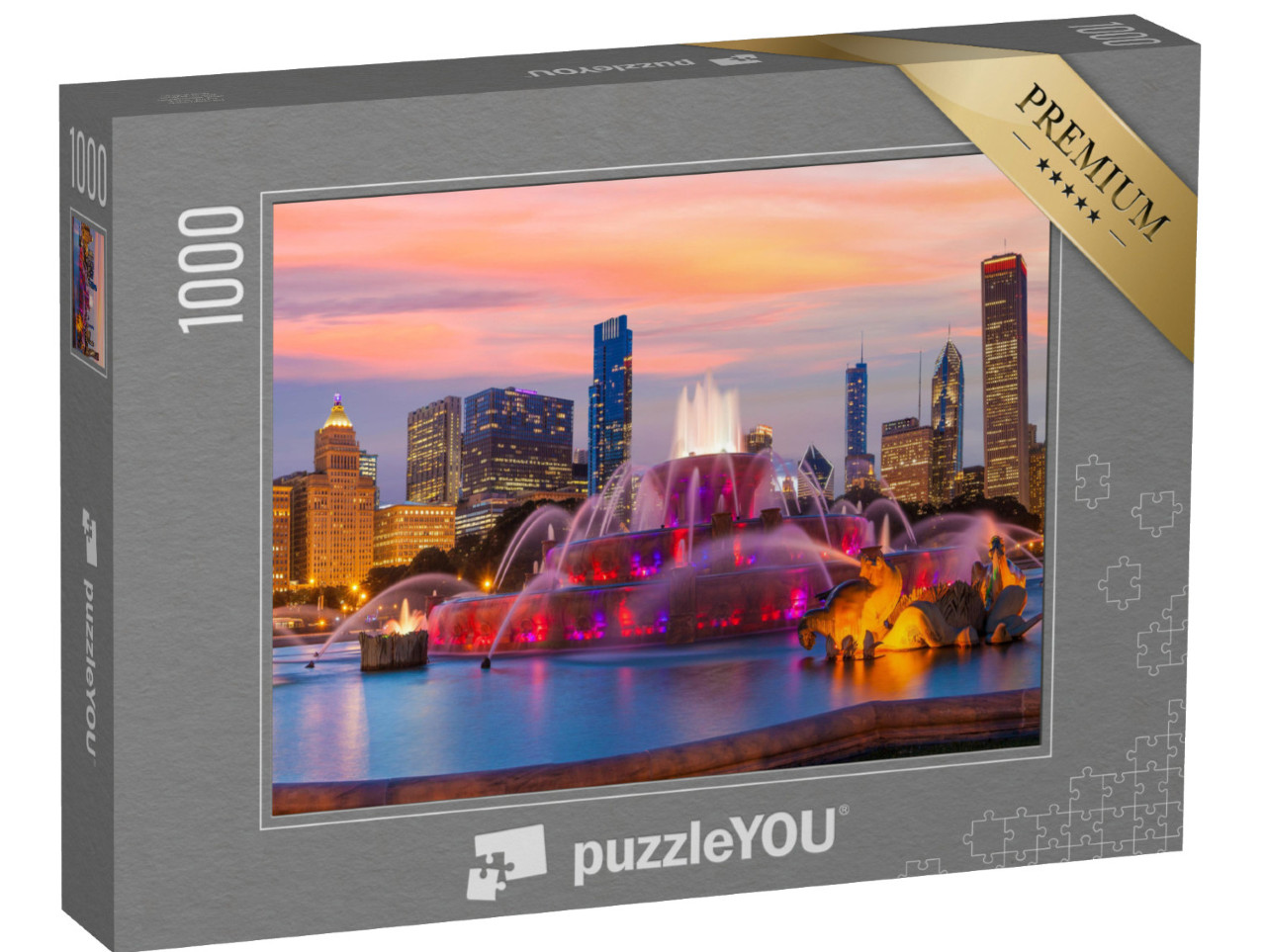 Puzzle 1000 pezzi „Panorama dello skyline di Chicago con i grattacieli e la Fontana di Buckingham“