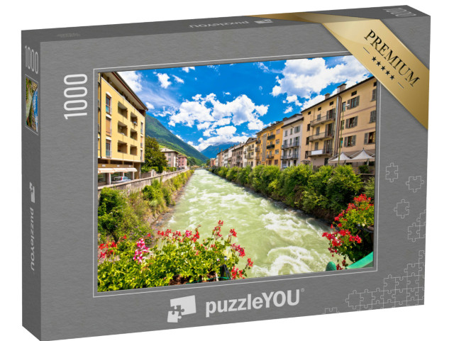 Puzzle 1000 pezzi „Città di Tirano e vista sul fiume Adda, Provincia di Sondrio, Alpi d'Italia“