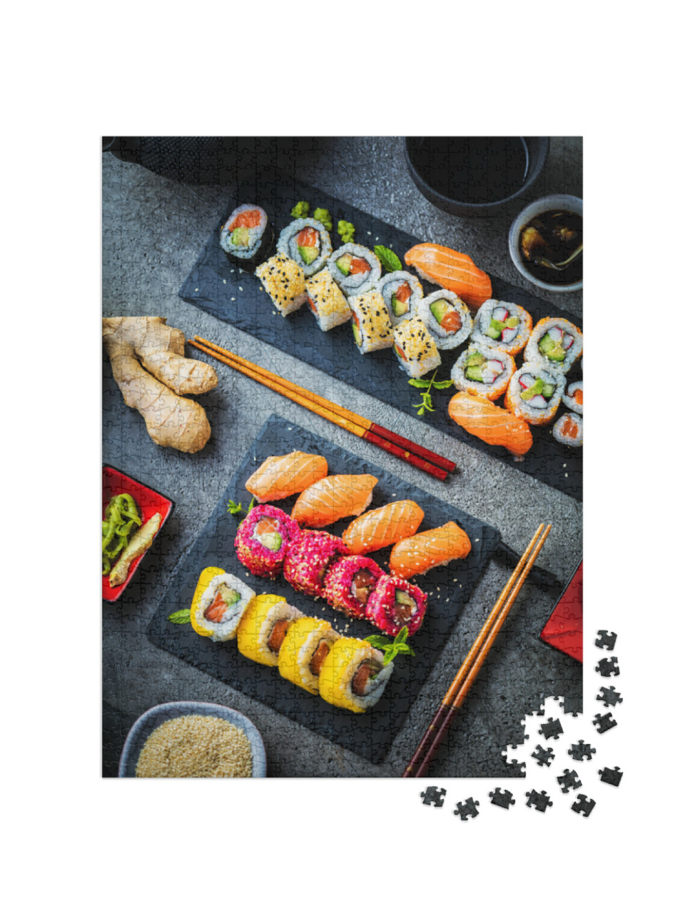 Puzzle 1000 pezzi „Maki e involtini con pesce, gamberi e avocado“