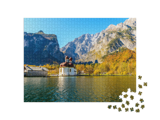 Puzzle 1000 pezzi „Chiesa di San Bartolomeo a Königssee in autunno, Baviera, Germania“