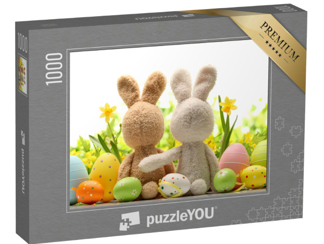 Puzzle 1000 pezzi „Due coniglietti pasquali si abbracciano con uova e narcisi colorati“
