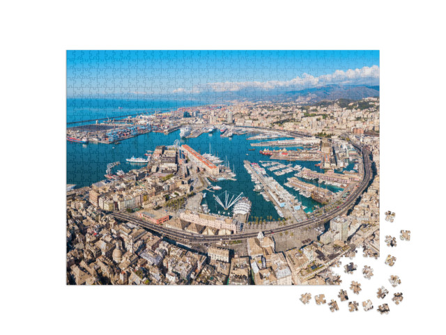 Puzzle 1000 pezzi „Vista panoramica aerea del porto di Genova. Genova o Genova è il capoluogo della regione Liguria“