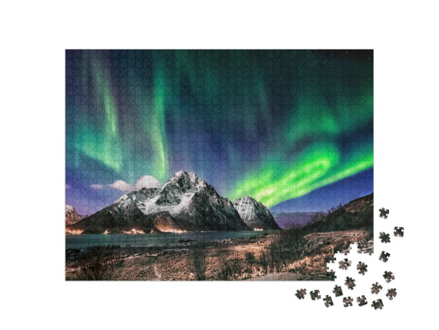 Puzzle 1000 pezzi „Paesaggio delle Isole Lofoten: Visita in inverno con l'aurora boreale, Norvegia“