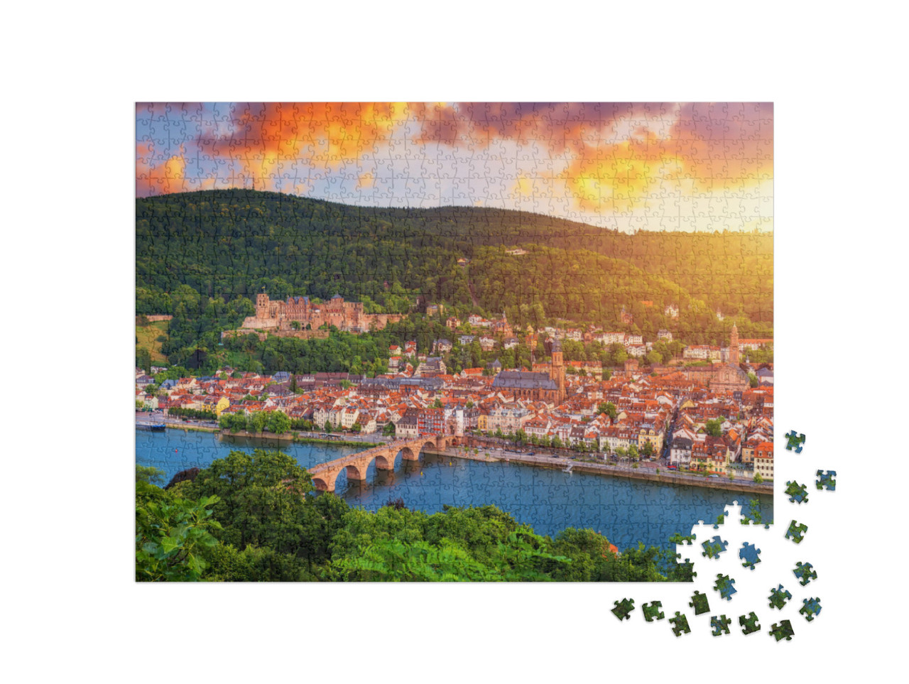 Puzzle 1000 pezzi „Vista panoramica di Heidelberg con Neckar, Germania“