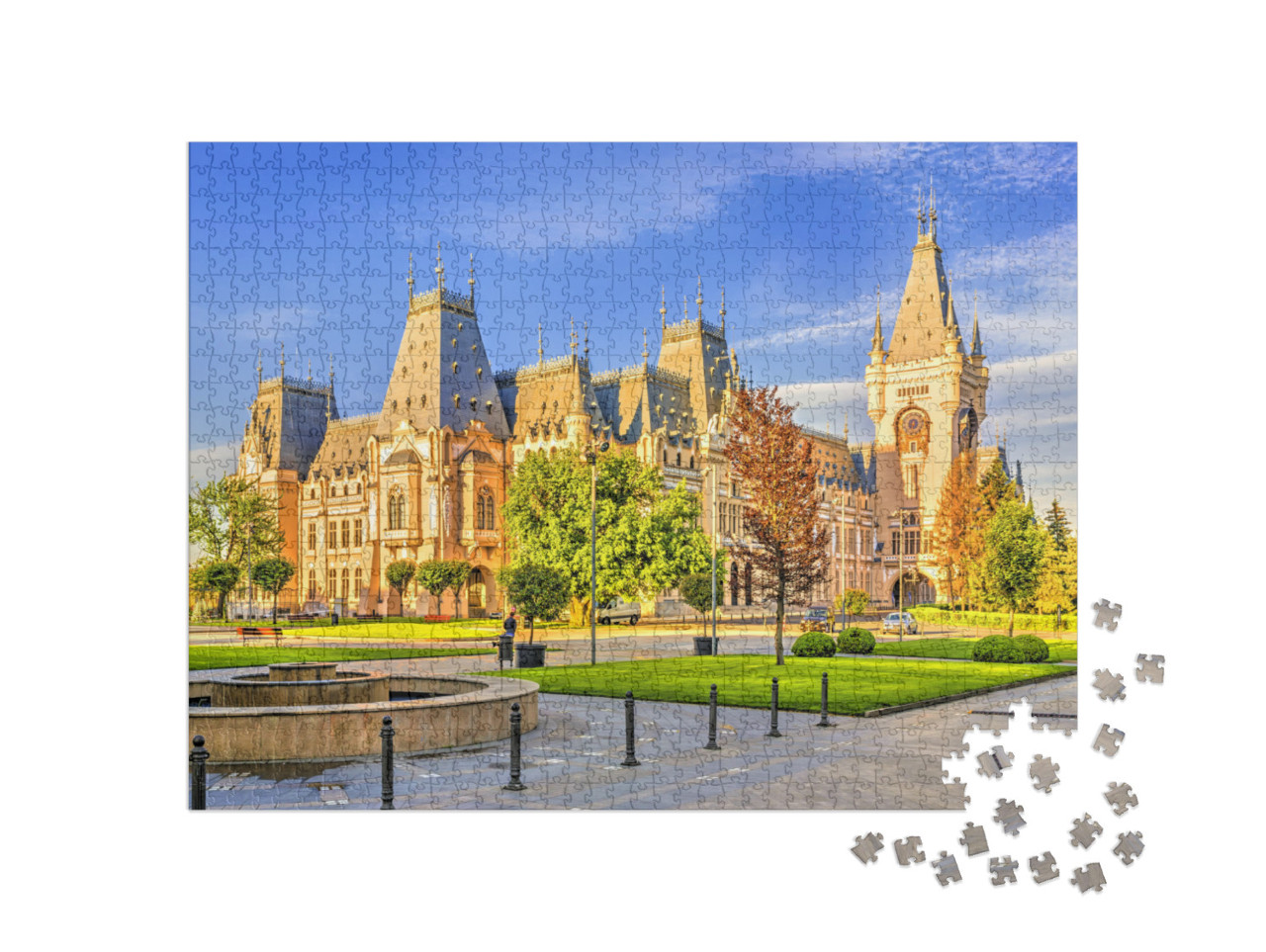 Puzzle 1000 pezzi „Palazzo della Cultura nella piazza centrale della città di Iasi, Moldavia, Romania“