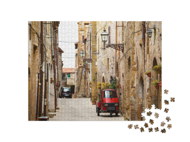 Puzzle 1000 pezzi „Piaggio Ape in piedi nella strada vuota di una vecchia città italiana“